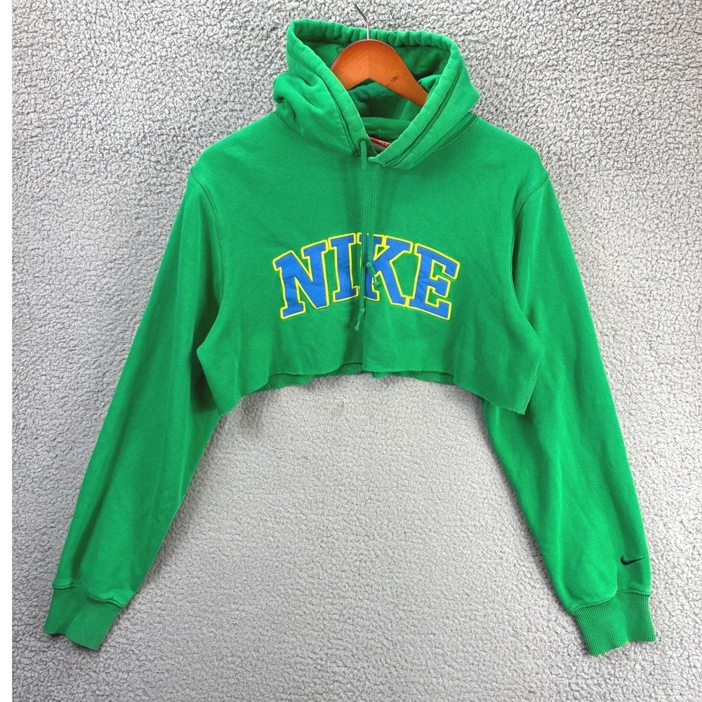 Nike Cropped Spellout Hoodie Sweatshirt Womens S Green Raw Hem Streetwear